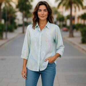 Lauren Ralph Lauren White Multicolor Paisley Button Up Top Size PL 3/4 Sleeve